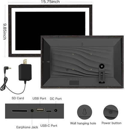 Digital Picture Frame, 15.6 Inch Frameo Digital Frame WiFi, 1920 * 1080 IPS FHD Touchscreen, 32GB, Tabletop&Wall-Mounted, Share Picture Video, Large Electric Photo Frame, Mom Gifts, Black Woodgrain