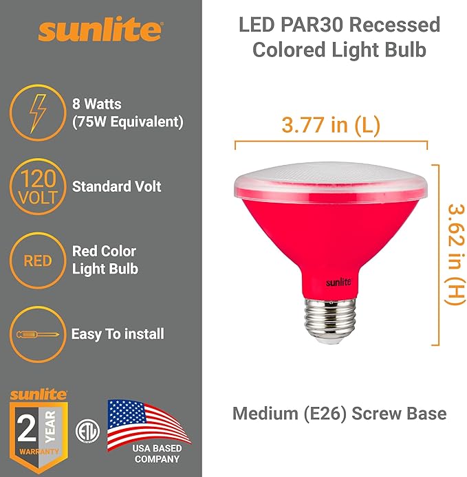 Sunlite 81470 LED PAR30 Short Neck Colored Recessed Light Bulb, 8 Watt (75W Equivalent), Medium (E26) Base, Floodlight, ETL Listed, Red, 1 Count