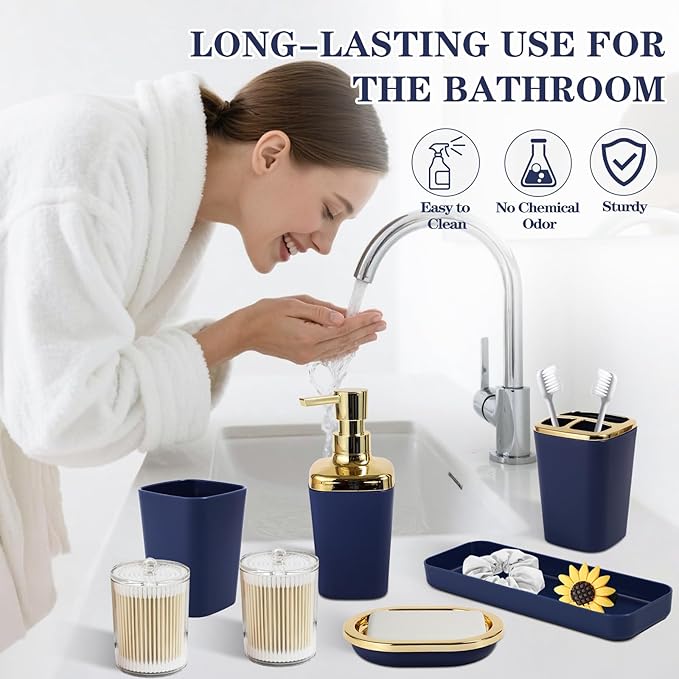 Blue Bathroom Set, Bathroom Sets with Stripe Shower Curtain, Navy Blue and Gold Bathroom Accessories with Trash Can, Soap Dispenser, Soap Dish, Toilet Brush Holder, Qtip Holders for Bathroom