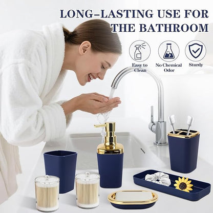 Blue Bathroom Set, Bathroom Sets with Stripe Shower Curtain, Navy Blue and Gold Bathroom Accessories with Trash Can, Soap Dispenser, Soap Dish, Toilet Brush Holder, Qtip Holders for Bathroom