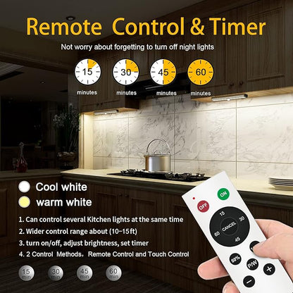 Remote Control Under Cabinet Lighting Wireless 6 Pack, 20-LED Dimmable Closet Lights Rechargeable Under Counter Light, Stick on Touch Night Light Strip Bar for Kitchen Stairway Bedroom, 3 Colors