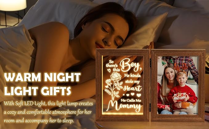 Christmas Gifts for Mom from Daughter Son Kids, Mom Gifts Engraved Night Light with 5x7 Mother Picture Frame Solid Wood, New Mama Gift Mommy Son Picture Frame Mother-in-Law Birthday Gift for Mama