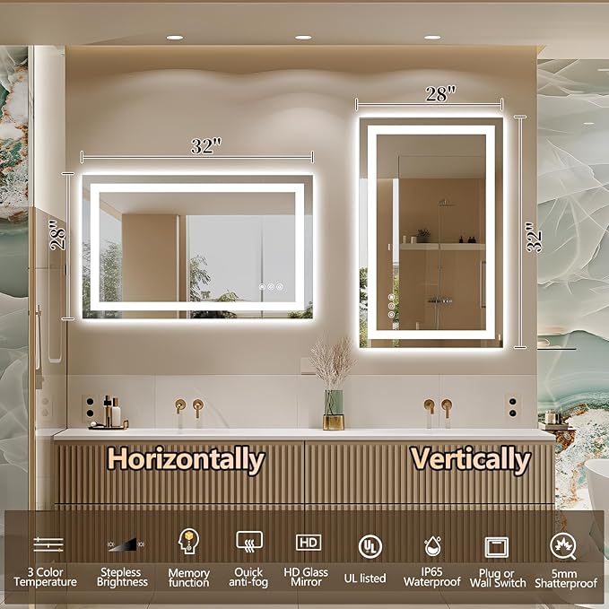 Niccy 32" x 20" LED Bathroom Mirror with Lights, Backlit and Front Lit, Lighted Vanity Mirror for Wall with 3 Colors, Anti-Fog, Shatter-Proof, Memory for Bedroom, Horizontal/Vertical