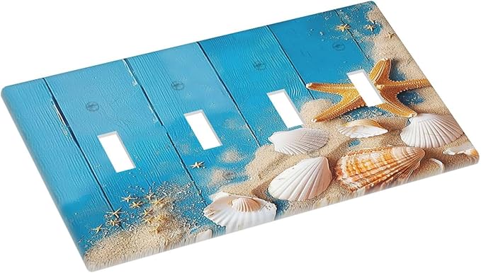 Light Switch Covers Blue Wood Grain Beach Shell Starfish Quad Toggle Electrical Faceplate 4 Gang Wall Plate Decorative Switch Plates for Bathroom Farmhouse Decor