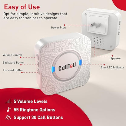 CallToU Wireless Caregiver Pager Call Button Call Bell Medical Alert System for Seniors Patients Elderly at Home 2 Waterproof Transmitters 3 Plugin Receivers