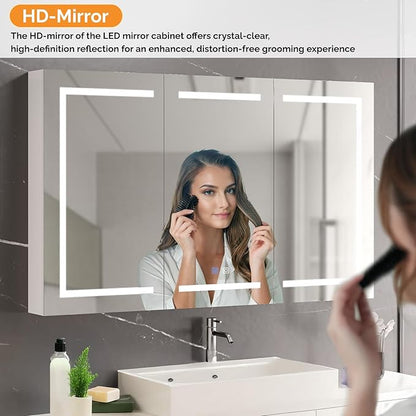 VINGLI 60 x 36 Inch Extra Large Lighted Bathroom Medicine Cabinet with Mirror, Large 3-Door Wall Mounted Bathroom Medicine Cabinet with Lights, Dimmable Mirror with Storage, Built-in Outlet & USB