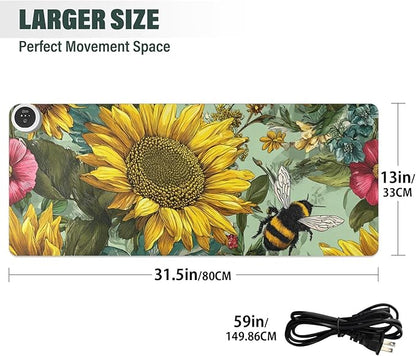 Heated Desk Pad Mouse Pad 31.5x13 Inch PU Leather Desk Mat with 3 Heat Levels Large Mouse Gaming Computer Laptop Mat Bees Sunflowers Leaves Green