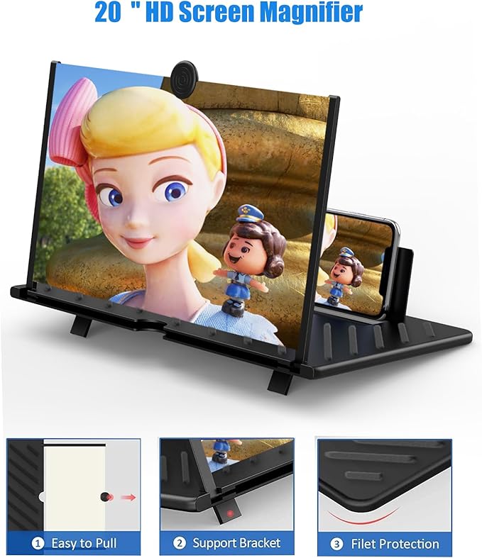 20" Screen Magnifier for Cell Phone,Fanlory 3D HD Magnifying Projector Screen Enlarger for Movies, Videos and Gaming, Foldable Phone Stand with Screen Amplifier,Compatible with All Smartphones