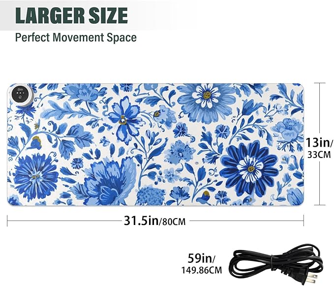 Heated Desk Pad Mouse Pad 31.5x13 Inch PU Leather Desk Mat with 3 Heat Levels Large Mouse Gaming Computer Laptop Mat Flower Blue and White Daisy Leaf
