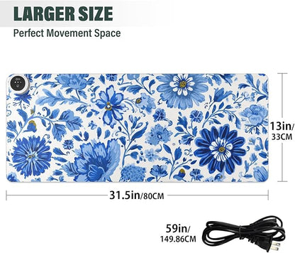 Heated Desk Pad Mouse Pad 31.5x13 Inch PU Leather Desk Mat with 3 Heat Levels Large Mouse Gaming Computer Laptop Mat Flower Blue and White Daisy Leaf