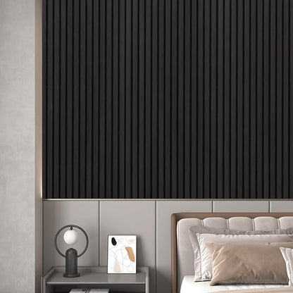 3D Slat Acoustic Wall Panels with Wood Finish Accent, 4 Pack Sound Absorbing Paneling for Studio, Office, Living Room, Bedroom Interior Decor (Matte Black, 48''L x 24''W)