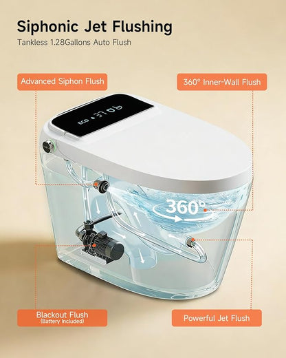 WANSID Smart Toilet with Bidet Built-in and Tankless, Auto Open/Close, Heated Seat, Instant Warm Water & Dryer, Foot Sensor Operation, Elongated One-Piece Modern Toilet for Bathroom, Digital Display