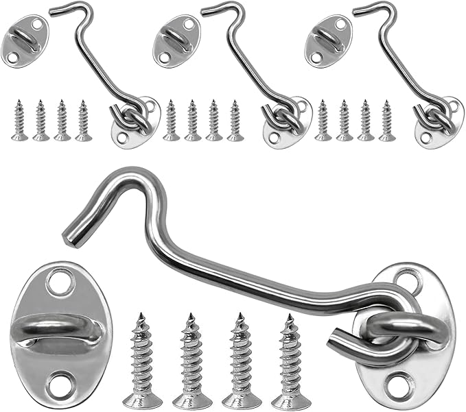 4-Pack 4Inch Door Lock Gate Latch Premium Stainless Steel Hook and Eye Gate Latch Cabin Hook with 16pcs Screws, Silver