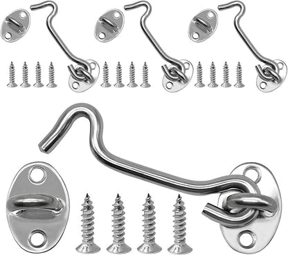4-Pack 4Inch Door Lock Gate Latch Premium Stainless Steel Hook and Eye Gate Latch Cabin Hook with 16pcs Screws, Silver