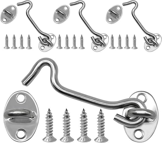 4-Pack 4Inch Door Lock Gate Latch Premium Stainless Steel Hook and Eye Gate Latch Cabin Hook with 16pcs Screws, Silver