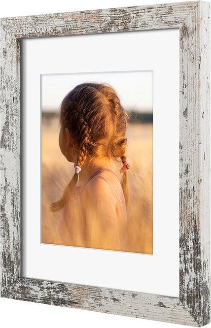 Golden State Art, 8x10 Picture Frame with Mat for 5x7 Photo - High Definition Glass Wall Mounting or Tabletop Display (Weathered White, 2 Pack)