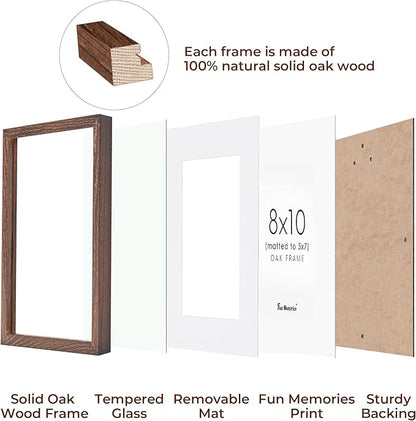 Fun Memories 8x10 Oak Wood Picture Frame Set of 3, 10 x 8 Frame Wood for Wall & Tabletop, Display 5x7 with Mat or 8 x 10 without Mat, 8x10 Natural Wood Photo Frames with Real Glass, Walnut Color
