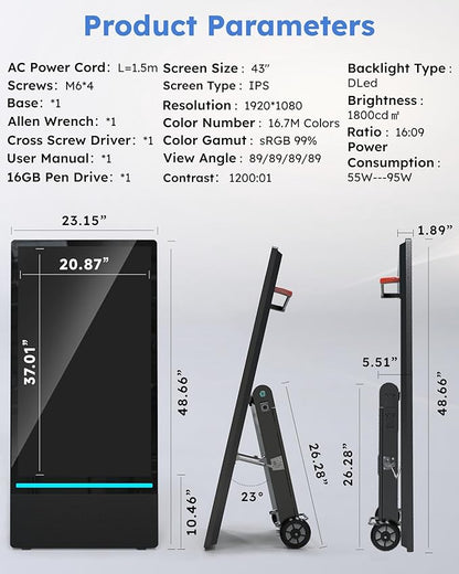 HARZHI 43 Inch Outdoor Digital Signage Display, Portable Powered High Brightness Screen Advertising Display Kiosk, Movable Waterproof Standing Poster, Business Helper, Android OS MWE