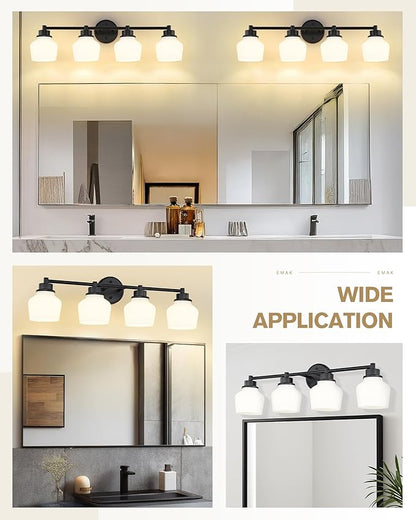 Emak 29 Inch Black Vanity Light, Farmhouse Bathroom Light Fixtures Wall Sconces with Milk Glass Shade, 4-Light Vanity Lights for Bathroom, Mirror, VL122-BK-ML-4