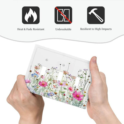 Decorative Switch Plates Boho Colorful Flowering Plant Wild Flower 3 Gang Wall Plate Triple Toggle Light Switch Cover Faceplate Electrical Wall Panels For Bed Room Living Room Decor