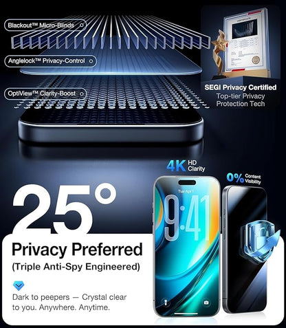 3 Pack for iPhone 17 Pro Screen Protector Privacy Full Cover Glass + 2 Camera Lens Protector 9H+ Tempered Glass Military Grade Shatterproof Anti Spy Bubble Free Auto installation Frame