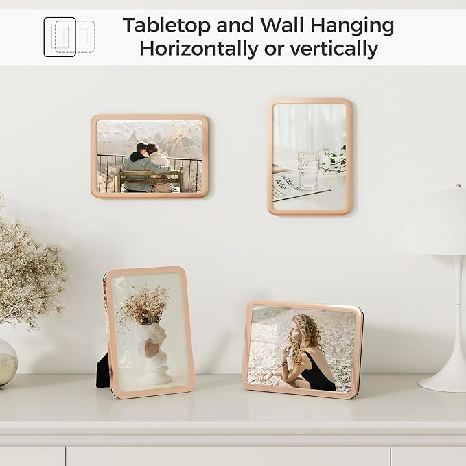 Axeman 8x10 Picture Frame-Metal Rounded Corner Frame 8x10, 8''x10''Photo Frame with Tempered Glass,Tabletop and Wall Display, One-Piece 8 By 10 Metal Picture Frame for images, Rose Gold