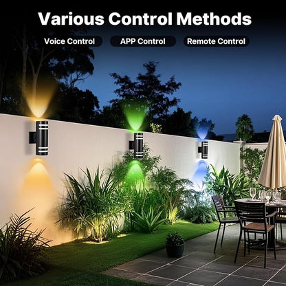 RGB Up and Down Lights Outdoor Wall Lights 2 Packs, Smart Color Changing Outdoor Wall Sconce WiFi Voice & App Control,Aluminum Waterproof Exterior Lights for Porch Compatible with Alexa