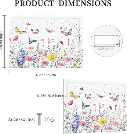 Decorative Switch Plates Watercolor Floral Butterfly Colorful Wildflower 3 Gang Wall Plate Triple Toggle Light Switch Cover Faceplate Electrical Wall Panels For Bed Room Living Room Decor