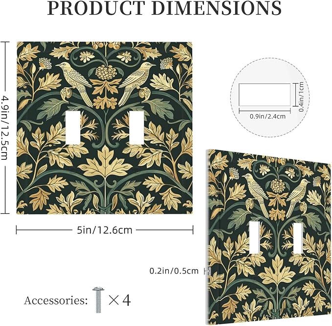 Decorative Switch Plates William Morris Vintage Botanical Birds Golden Green Leaves 2 Gang Double Toggle Outlet Light Switch Cover Wall Plate Electrical Faceplate for Bedroom Home Decor