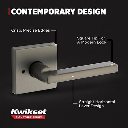 Kwikset Halifax Interior Square Privacy Door Handle with Lock, Door Lever for Bathroom and Bedroom, Gunmetal Reversible Keyless Turn Lock