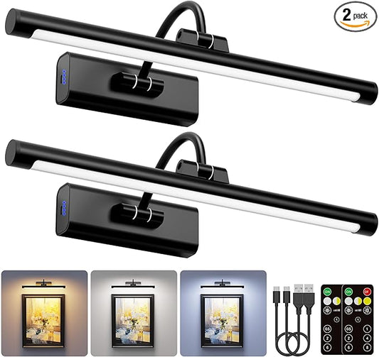2 Pack Picture Lights for Wall 6000mAh - 16" Black Cordless Battery Powered Wall Mount Sconce with Dimmable Remote for Gallery Wall & Art Decor