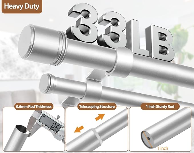 Double Curtain Rod 32 to 86 Inch, HOTOZON 1 Inch Heavy Duty Double Curtain Rods for Windows 20 to 82 Inches(1.7-6.8 ft), Telescoping Drapery Rod with Simple End Finials, Silver