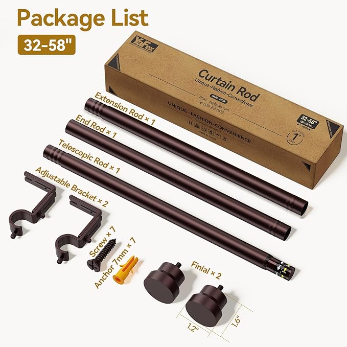 Yafex Curtain Rod 32-58 Inch, Heavy Duty 1 Inch Adjustable Curtain Rods for Windows, Antique Bronze Short Window Treatment Rods, Modern Design, Easy Installation