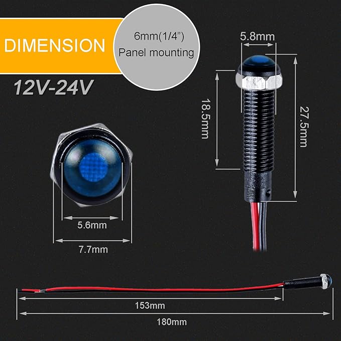 5pcs 6mm LED Indicator Light Plastic Black Signal Dot Lamp 12V-24V 1/4" Mounting Hole Size with 15cm/5.9in. Wire (Blue LED)