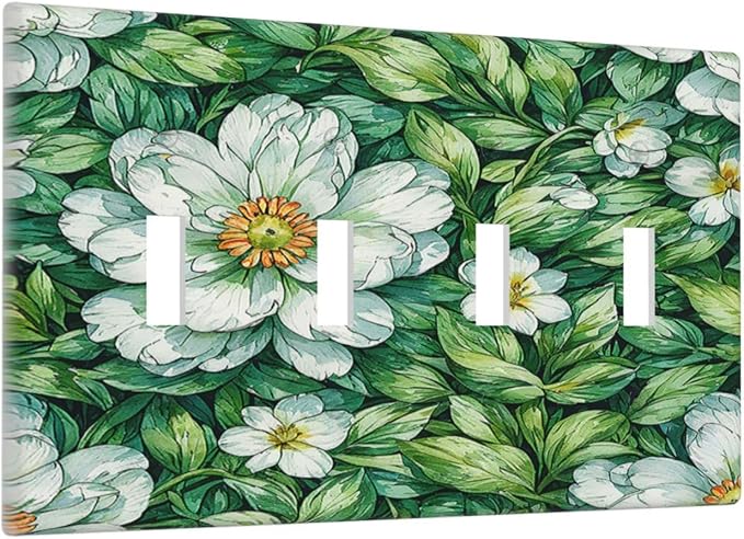 Vintage Floral White Flowers Green Plants Leaves Light Switch Covers Quad Toggle 4 Gang Wall Plate Decorative Switch Plates Electrical Faceplate for Bedroom Bathroom Decor