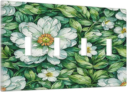 Vintage Floral White Flowers Green Plants Leaves Light Switch Covers Quad Toggle 4 Gang Wall Plate Decorative Switch Plates Electrical Faceplate for Bedroom Bathroom Decor