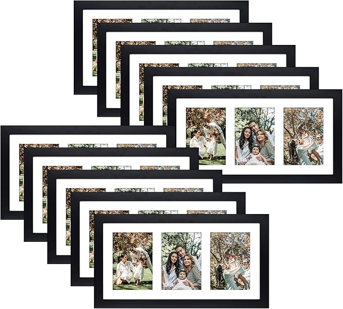 Golden State Art, Set of 10, 9x18 Black Wood Frame - White Mat for Three 5x7 Pictures - Sawtooth Hangers- Swivel Tabs - Wall Mounting - Landscape/Portrait - Real Glass - Collage Frame