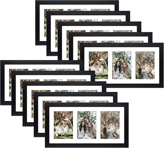 Golden State Art, Set of 10, 9x18 Black Wood Frame - White Mat for Three 5x7 Pictures - Sawtooth Hangers- Swivel Tabs - Wall Mounting - Landscape/Portrait - Real Glass - Collage Frame