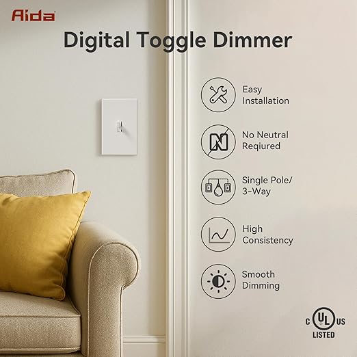 AIDA Digital Toggle Dimmer Switch for Dimmable LED, CFL & Incandescent Bulbs, Single Pole/3-Way, Screwless Wall Plate Included, UL Listed, No Neutral Wire Needed, Matte White (4 Pack)