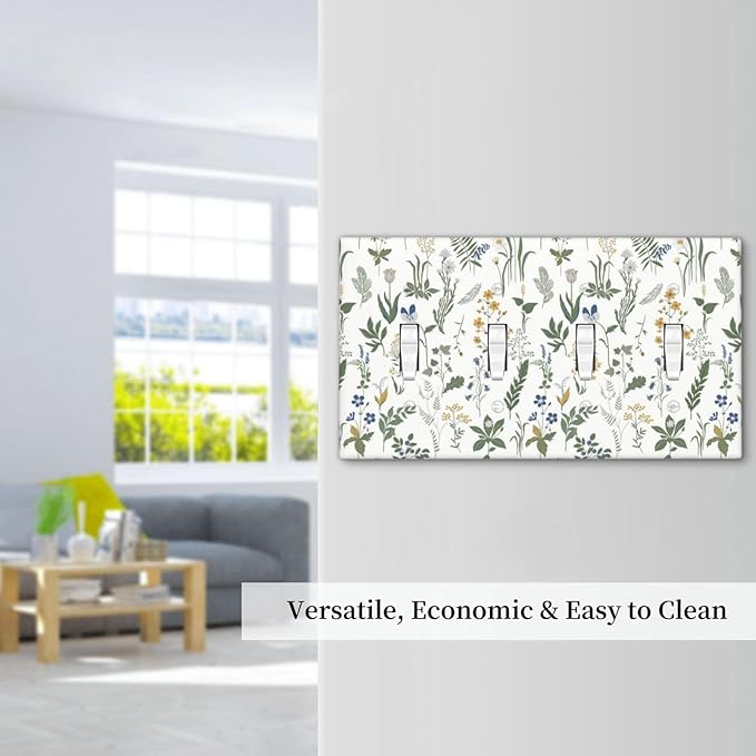 Light Switch Covers Floral Green Leaf Plant Flowes Quad Toggle Electrical Faceplate 4 Gang Wall Plate Decorative Switch Plates For Bed Room Farmhouse Decor