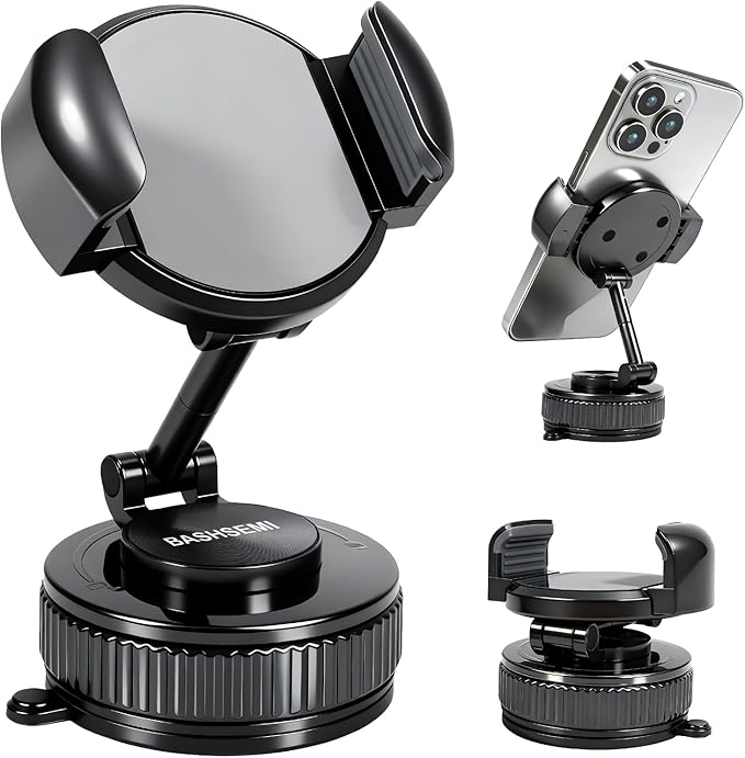 Windshield & Dashboard Rotate-Lock Phone Mount – 360° Rotate Folding Car Phone Holder with Strong Suction Base & Adjustable Arm for Smartphone