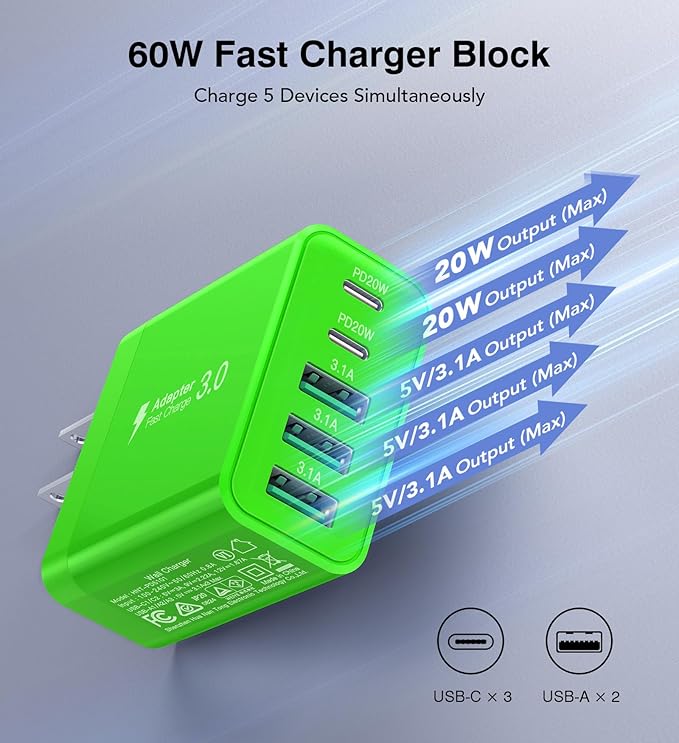 [2-Pack] USB C Wall Charger, 60W Fast USB C Charger Block, 5-Port PD Power Adapter + QC Wall Plug Multiport Type C Charging Block Cube Compatible with iPhone 17 16 15 14 13 12 Pro Max XR XS, Green