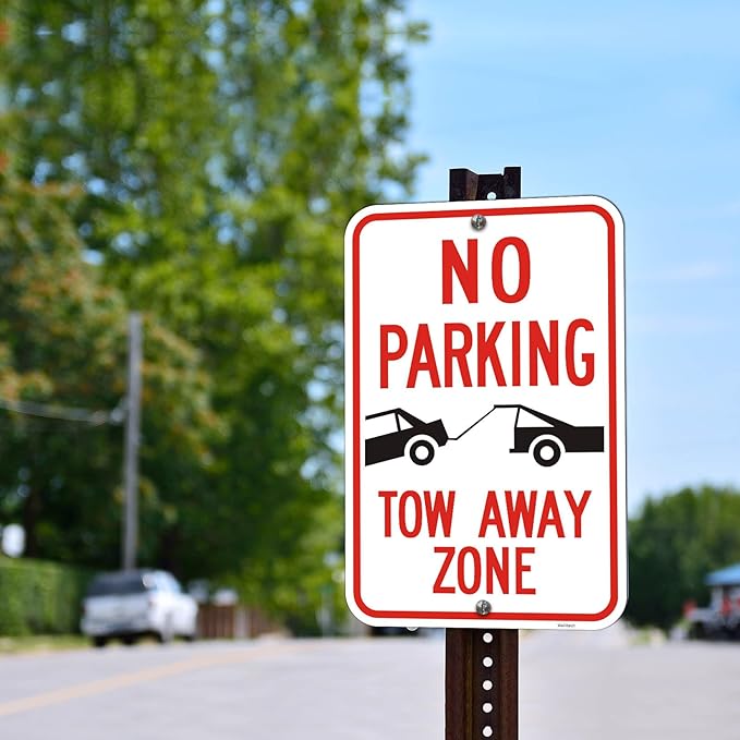 Large (4 Pack) No Parking Symbol Tow Away Zone Sign, 12x18 Inches Engineer Grade Reflective Rust Free Aluminum, 2 Pre-Drilled Holes Easy to Mount