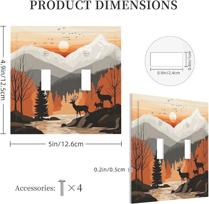 Sun Forest Deer Snow Mountain River Decorative Switch Plates 2 Gang Double Toggle Outlet Light Switch Cover Wall Plate Electrical Faceplate For Bed Room Living Room Decor