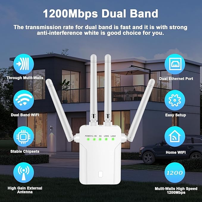 WiFi Extender Signal Booster,WiFi Extender, 5G WiFi Booster (Up to 10000sq. ft for 55+ Devices), WiFi Repeater with 4 Antennas 360° Coverage, WPS 1-Tap Setup with Dual Band 1200Mbps (White)