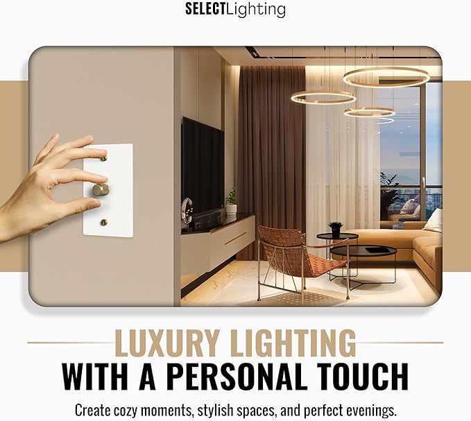 SELECT White Brass Dimmer Light Switch, 1 Way Rotary Dimmer, 1 Gang TRIAC/Leading Edge Dimmable LED Light Switch, 15A 120V AC with Brass Knob, Faceplate & Dimming Module, UL Listed