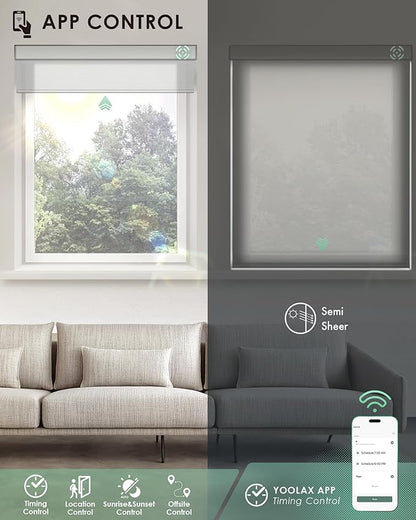 Yoolax Motorized Blinds with Remote, Light Filtering Smart Blinds Compatible with Alexa Google Home, Automatic Roller Shades for Indoor Windows Living Room, Custom Size (Semi Sheer Starlight White)