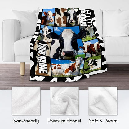 Custom Cow Blankets and Throws, Personalized Cow Gifts for Women Girls, Soft Fluffy Fuzzy Farmhouse Blanket Country Home Decor, 40"x50" Animal Pattern Throw for Couch Sofa