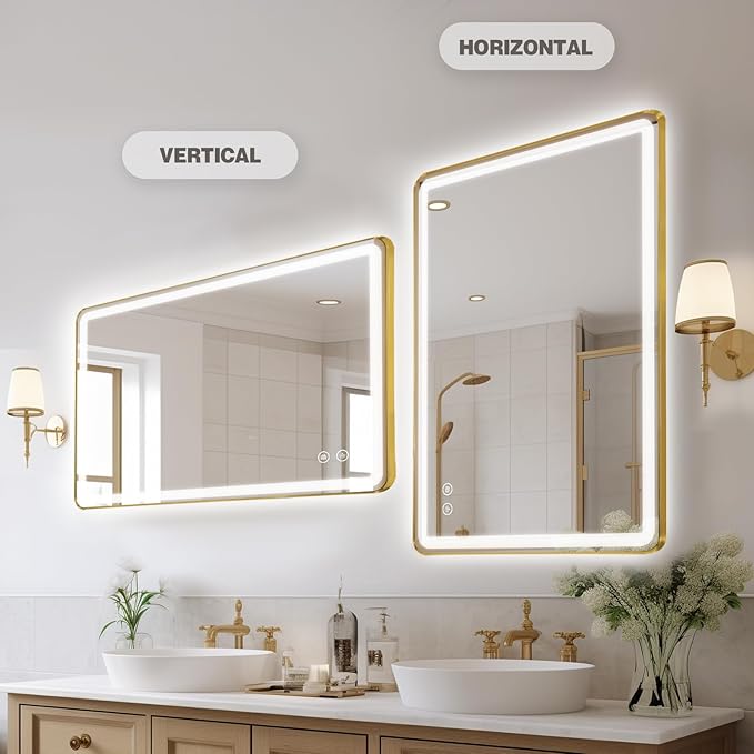 Niccy LED Bathroom Mirror with Lights, 36"x24" Vanity Mirror for Wall Makeup Mirror with Front and Backlit Anti-Fog 3 Colors and Dimmable Light Smart Rectangle Mirror for Bathroom, Gold