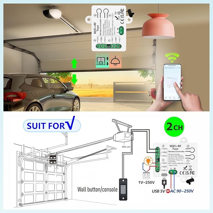DieseRC Tuya 2-Channel WiFi Smart Switch, AC 90V - 250V 220V Passive Output Relay Module, with 2X RF Remote Control, Compatible with Alexa/Google Home